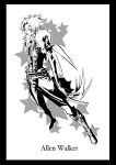  1boy allen_walker belt black_order_uniform boots border character_name claws closed_mouth d.gray-man facial_mark full_body fur-trimmed_jacket fur_trim greyscale highres jacket knee_boots male_focus monochrome nomomono_eraser pants simple_background solo spiked_hair star_(symbol) 