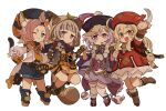  4girls :3 absurdres ahoge animal_ear_fluff animal_ears animal_hood arm_up backpack bag bangs_pinned_back black_footwear blonde_hair bloomers boots brown_footwear brown_gloves cabbie_hat cat_ears cat_girl child closed_mouth detached_sleeves diona_(genshin_impact) dodoco_(genshin_impact) dress fingerless_gloves genshin_impact gloves grey_hair hat hat_feather highres holding holding_hands hood hood_up iwashi_(iwashi008) japanese_clothes klee_(genshin_impact) leaf leaf_on_head long_hair low_twintails multiple_girls ofuda one_eye_closed open_mouth pink_hair pointy_ears purple_hair purple_headwear qing_guanmao qiqi_(genshin_impact) red_dress red_headwear sayu_(genshin_impact) short_hair shorts simple_background tail thighhighs twintails underwear very_long_hair white_background white_thighhighs 