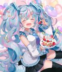  1girl :d bangs black_skirt black_thighhighs blue_hair blue_necktie bow closed_eyes detached_sleeves food food-themed_hair_ornament fruit fuinagi_(huyuu_mm) hair_bow hair_ornament hairclip hatsune_miku heart heart_hair_ornament highres holding holding_plate long_hair necktie open_mouth plate shirt skirt smile solo spring_onion strawberry strawberry_hair_ornament thighhighs twintails vocaloid white_shirt 