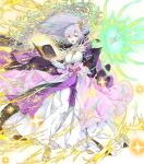  1girl arm_up bangs book breasts cape deirdre_(fire_emblem) dress fire_emblem fire_emblem:_genealogy_of_the_holy_war fire_emblem_heroes full_body gold_trim haimura_kiyotaka hair_ornament highres holding holding_book long_dress long_hair long_skirt long_sleeves looking_away medium_breasts non-web_source official_art open_book open_mouth purple_eyes purple_hair skirt solo transparent_background 