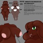  anthro belly big_breasts bodily_fluids breasts brown_body canid canine canis charlotte_(sleepingpowder) domestic_dog drooling female floppy_ears green_eyes hi_res hybrid lactating mammal model_sheet nipples saliva short_stack sleepingpowder slightly_chubby smile solo thick_thighs 