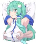  1girl armpits arms_behind_head arms_up bangs bare_shoulders blush breast_grab breasts collared_shirt detached_sleeves disembodied_limb frog_hair_ornament grabbing grabbing_from_behind green_eyes green_hair hair_ornament hair_tubes kochiya_sanae large_breasts long_hair open_mouth shirt shiseki_hirame simple_background solo_focus touhou white_background white_shirt 