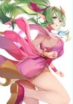  1girl absurdres aged_up ass breasts cleavage dress fire_emblem fire_emblem:_shadow_dragon_and_the_blade_of_light fire_emblem_awakening green_eyes green_hair highres huge_ass jewelry kokouno_oyazi large_breasts long_hair looking_at_viewer looking_back open_mouth pink_dress pointy_ears ponytail short_dress sideboob smile solo thighs tiara tiki_(fire_emblem) 
