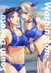  2girls ball bangs bikini black_headwear blue_bikini blue_eyes blue_hair blue_hairband breasts brown_eyes character_name cleavage clothing_cutout cloud commentary_request grey_hair hairband hat highres holding holding_ball kantai_collection large_breasts long_hair multicolored_hair multiple_girls nidou official_alternate_costume open_mouth outdoors ponytail red_hair sarong see-through see-through_sarong sidelocks sky south_dakota_(kancolle) sweat swimsuit underboob underboob_cutout very_long_hair visor_cap washington_(kancolle) white_hair 