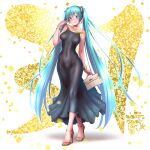  1girl :p aqua_eyes aqua_hair aqua_nails bag bangs bare_shoulders black_dress blush breasts choker dress handbag hatsune_miku highres long_hair looking_at_viewer nail_polish sandals solo toenail_polish toenails toes tongue tongue_out twintails very_long_hair vocaloid wokada 