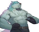  abs absurd_res anthro belt blue_body blue_fur brand_new_animal canid canine canis clothed clothing coat collar countershading fur gloves handwear hi_res inner_ear_fluff inuwoo licking male mammal neck_tuft pecs self_lick shirou_ogami solo studio_trigger tongue tongue_out topwear tuft white_body white_countershading wolf 