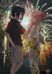  1boy 1girl absurdres arm_behind_back black_eyes black_hair blurry candy_apple fireworks flower food green_eyes grey_shorts hair_bun hair_flower hair_ornament hand_in_pocket haruno_sakura highres japanese_clothes kimono naruto naruto_(series) niku_(ni23ku) pink_hair shorts single_hair_bun twitter_username uchiha_sasuke wide_sleeves yukata 