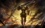  1boy armor bad_source bag battle battlefield belt biceps clenched_hands cloud cloudy_sky commando_jarvan_iv facial_tattoo fire flag gauntlets gun hat highres jarvan_iv_(league_of_legends) knife league_of_legends leg_armor long_sword male_focus manly mature_male muscular muscular_male official_art polearm shoulder_armor shoulder_pads sky smoke solo spear sunglasses sunset sword tattoo thick_arms weapon zhang_ji 