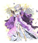  1girl bangs book breasts cape deirdre_(fire_emblem) dress fire_emblem fire_emblem:_genealogy_of_the_holy_war fire_emblem_heroes full_body gold_trim haimura_kiyotaka hair_ornament highres holding holding_book long_dress long_hair long_skirt long_sleeves medium_breasts non-web_source official_art purple_eyes purple_hair sandals skirt solo toeless_footwear toes torn_clothes transparent_background 