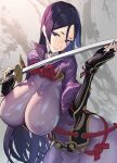  1girl armor bangs bodysuit breasts fate/grand_order fate_(series) fingerless_gloves gloves highres huge_breasts japanese_armor katana kote long_hair looking_at_viewer minamoto_no_raikou_(fate) parted_bangs punc_p purple_bodysuit purple_hair ribbed_sleeves rope solo sword very_long_hair weapon 