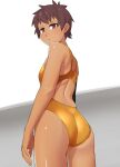  1girl :&lt; ass backless_swimsuit bangs brown_eyes brown_hair closed_mouth competition_swimsuit from_behind grey_background highres jinko_banana looking_at_viewer looking_back one-piece_swimsuit original short_hair solo swimsuit tan tanlines tomboy two-tone_background yellow_one-piece_swimsuit 