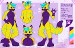  absurd_res anthro blazen blue_body blue_eyes blue_fur blue_hair canid canine canis cheek_tuft claws english_text eyebrows facial_tuft felid fox front_view fur hair hi_res hybrid male mammal markings open_mouth pantherine pawpads purple_body purple_fur rear_view smile solo stripes tail_markings text tiger trindarts tuft wolf yellow_body yellow_fur 