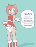  accessory amy_rose anthro baggashame boots bottomwear clothed clothing clothing_lift dialogue diaper eulipotyphlan female footwear gloves handwear headband hedgehog hi_res mammal sega skirt skirt_lift solo sonic_the_hedgehog_(series) speech_bubble 
