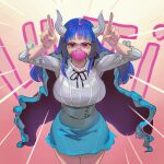  1girl bangs blue_hair breasts cape crop_top curled_horns high-waist_skirt highres horns large_breasts long_hair long_sleeves mask mouth_mask multicolored_hair one_piece pink_eyes pink_hair pink_mask shirt skirt solo specterwhite standing two-tone_hair ulti_(one_piece) 