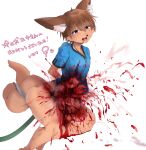  absurd_res anthro blood blood_in_mouth blood_splatter blush bodily_fluids bottomless brown_body brown_fur brown_hair canid canine canis captured clothed clothing domestic_dog explosion fur gore guts hair hands_behind_back hi_res inflation inner_ear_fluff intestines itari japanese_text mammal offscreen_character open_mouth organs purple_eyes shirt shirt_only simple_background snuff solo tail_tied text topwear topwear_only tuft white_background 