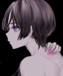  1boy black_hair genshin_impact kisekisaki mitsudomoe_(shape) pale_skin profile purple_eyes scaramouche_(genshin_impact) short_hair tomoe_(symbol) 