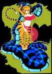  abdominal_bulge anthro arms_tied belly_dancer belly_dancer_outfit bound duo felid female feral forked_tongue green_eyes hi_res hypnofood male mammal midriff pantherine reptile sarrl sascha_(hypnofood) scalie simple_background smile snake tiger tongue vore 