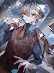  1boy absurdres blue_eyes blue_sky brown_hair checkered_clothes checkered_vest closed_mouth cloud cloudy_sky collared_shirt expressionless highres long_sleeves looking_at_viewer male_focus necktie original shirt short_hair sky solo u-sama_(u_summer0719) vest 