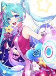  1girl blue_eyes blue_hair dress hatsune_miku headphones highres long_hair looking_at_viewer magical_girl microphone open_mouth pink_dress sleeveless sleeveless_dress smile solo soramame_pikuto star_(symbol) twintails vocaloid wand white_background 