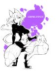 1other :&lt; animal_ears bangs breasts buttons character_name closed_mouth eyelashes full_body greyscale highres hunter_x_hunter joints large_breasts large_hands looking_at_viewer monochrome multicolored_background muscular neferpitou nomomono_eraser one_knee shoes short_hair shorts simple_background solo tail 