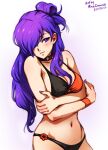  1girl bangs bare_shoulders bikini blush breasts choker cleavage closed_mouth crossed_arms fire_emblem fire_emblem:_three_houses fire_emblem_warriors:_three_hopes hair_bun hair_over_one_eye large_breasts long_hair looking_at_viewer medium_breasts mina_cream navel open_mouth purple_eyes purple_hair shez_(fire_emblem) shez_(fire_emblem)_(female) simple_background single_hair_bun smile solo swimsuit underwear 