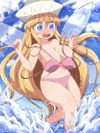  1girl bare_arms bare_legs bare_shoulders bikini blonde_hair blue_eyes blush breasts cleavage collarbone commission day fairy fairy_wings hair_between_eyes hat highres large_breasts lily_white long_hair open_mouth pink_bikini rokugou_daisuke skeb_commission solo swimsuit touhou water white_headwear wings 