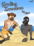  3:4 anthro anthrofied beach buried_in_sand clothed clothing comic cover cover_art cover_page duo english_text fuze generation_7_pokemon hi_res kneeling male nintendo nipples pokemon pokemon_(species) pokemorph ricky_(fuze) rockruff salandit sand sea seaside slick_(fuze) swimming_trunks swimwear text topless video_games water 
