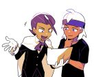  +++ 2boys :d black_jacket black_pants black_shirt cape commentary eusine_(pokemon) gloves hand_on_own_chin headband holding jacket looking_down male_focus morty_(pokemon) multiple_boys open_mouth pants pokemon pokemon_(game) pokemon_gsc purple_eyes purple_hair purple_headband shirt simple_background smile ssalbulre stroking_own_chin t-shirt white_background white_cape white_gloves white_hair 