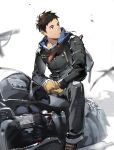  1boy backpack bag bandaid bandaid_on_face bandaid_on_nose black_hair black_jacket black_pants brown_eyes ground_vehicle haikyuu!! highres jacket kagura_tohru male_focus motor_vehicle motorcycle on_motorcycle pants sawamura_daichi short_hair sitting solo 