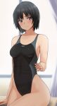  1girl amagami black_hair black_one-piece_swimsuit blue_one-piece_swimsuit blush breasts brown_eyes classroom closed_mouth commentary commentary_request competition_swimsuit curtains desk highleg highleg_swimsuit highres medium_breasts nanasaki_ai on_desk one-piece_swimsuit partial_commentary raised_eyebrows revision short_hair sitting smile solo swimsuit translation_request two-tone_swimsuit window yoo_tenchi 