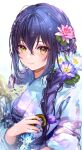  1girl bangs blue_flower blue_kimono braid braided_ponytail floral_print flower hair_between_eyes hair_flower hair_ornament highres japanese_clothes kimono long_hair long_sleeves lotus original pink_flower ponytail puracotte purple_hair solo white_background 