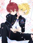  2boys april_fools bangs black_jacket black_pants blonde_hair blush cherry_blossoms commentary_request ear_piercing gakuran green_eyes hair_between_eyes heart heart-shaped_pupils highres jacket long_sleeves male_focus multiple_boys open_clothes open_jacket original pants petals piercing pillow_(nutsfool) red_hair school_uniform simple_background sitting spiked_hair spread_legs sweat symbol-shaped_pupils yaoi 