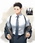  1boy black_hair black_jacket black_pants brown_eyes closed_mouth haikyuu!! highres jacket kagura_tohru large_pectorals male_focus muscular muscular_male necktie off_shoulder open_clothes open_jacket pants pectorals reference_photo sawamura_daichi shirt short_hair simple_background solo suspenders white_shirt 