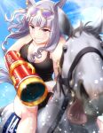  1girl absurdres animal_ears bangs black_one-piece_swimsuit blunt_bangs breasts cheesecake_(artist) cleavage creature_and_personification eyewear_on_head gold_ship_(racehorse) gold_ship_(run_revolt_launcher)_(umamusume) gold_ship_(umamusume) grey_hair highres holding holding_water_gun horse horse_ears horse_girl horse_tail horseback_riding long_hair looking_at_viewer number_pun official_alternate_costume one-piece_swimsuit purple_eyes riding sunglasses super_smashing_summer_vacation_(umamusume) swimsuit tail tongue tongue_out umamusume water_gun 
