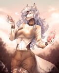  2022 5_fingers anthro breasts canid canine clothed clothing day detailed_background digital_media_(artwork) female fingers hair hi_res kristiana_puff mammal midriff navel outside purple_hair sky smile solo 