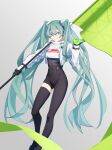 1girl aqua_eyes aqua_hair black_bodysuit bodysuit closed_mouth commentary_request covered_navel feet_out_of_frame flag hand_up hatsune_miku highres holding holding_flag jacket long_hair long_sleeves qipao_shui racing_miku racing_miku_(2022) single_thighhigh smile solo thighhighs twintails two-tone_gloves very_long_hair vocaloid white_jacket 