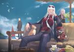  1boy 3girls :o ak-12_(girls&#039;_frontline) ak-15_(girls&#039;_frontline) artist_name banana bangs beach beach_umbrella belt beret bird black_jacket black_pants blue_sky breasts brown_belt brown_hair business_suit case cat closed_eyes closed_mouth commander_(girls&#039;_frontline) couch eyewear_on_head feet_out_of_frame food formal fruit gblamgo girls&#039;_frontline griffin_&amp;_kryuger_military_uniform hand_on_own_cheek hand_on_own_face hat highres id_card jacket long_hair long_sleeves looking_at_viewer medium_breasts multiple_girls necktie official_alternate_costume official_style open_clothes open_jacket open_mouth pants parted_lips ponytail purple_eyes red_necktie red_shirt shirt sidelocks sitting sky smile standing suit sunglasses table umbrella white_hair white_necktie white_shirt 