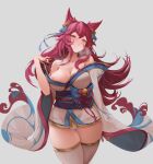  1girl :o ahri_(league_of_legends) animal_ears arm_at_side bangs bare_shoulders bell blue_bow blush bow breasts cleavage collarbone cowboy_shot facial_mark fox_ears fox_tail grey_background grey_thighhighs hair_bell hair_bow hair_ornament hand_up highres japanese_clothes kimono large_breasts league_of_legends long_hair looking_at_viewer lu_ka off_shoulder panties red_hair short_kimono simple_background skindentation solo spirit_blossom_(league_of_legends) spirit_blossom_ahri sweat tail thighhighs underwear whisker_markings white_panties 