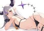  1girl absurdres ahoge bangs bikini blush demon_horns grey_hair hair_between_eyes highres hololive horns la+_darknesss long_hair looking_at_viewer multicolored_hair navel necktie o-ring pointy_ears purple_hair solo streaked_hair striped_horns swimsuit taht_(that_is_mm) thigh_strap very_long_hair virtual_youtuber white_background wrist_cuffs yellow_eyes 