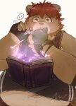 10_cosmo_24 2022 anthro belly big_belly book clothing felid hi_res humanoid_hands kemono lifewonders lion magic male mammal overweight overweight_male pantherine shirt simple_background solo tokyo_afterschool_summoners topwear vapula_(tas) video_games 