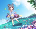  1girl album_cover animal_ears bangs basket blue_shirt blue_sky blush bug butterfly cloud comiket_100 commentary_request cover crystal day drumsticks enjoy_mix flat_chest flower full_body grass grey_hair grey_skirt jewelry long_sleeves looking_at_viewer mouse mouse_ears mouse_girl mouse_tail nazrin open_mouth pendant pink_flower red_eyes red_flower shirt short_hair skirt sky smile solo steelpan tail touhou tree walking white_flower yellow_butterfly 