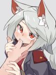  1girl 1other absurdres animal_ear_fluff animal_ears bangs blazer blush cat_ears cat_tail commentary_request epaulettes finger_sucking grey_background grey_hair grey_jacket highres holding_hands jacket looking_at_viewer necktie original pov pov_hands red_eyes red_necktie ruko_(kusiyan) shirt short_hair simple_background solo_focus tail upper_body white_background white_shirt yayuyoyayuyo 
