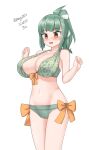  1girl absurdres alternate_breast_size bikini breasts brown_eyes cowboy_shot dated front-tie_top green_bikini green_hair hair_ribbon highres kantai_collection large_breasts maru_(marg0613) melon_print one-hour_drawing_challenge ponytail ribbon side-tie_bikini_bottom simple_background solo swimsuit twitter_username white_background white_ribbon yuubari_(kancolle) yuubari_kai_ni_(kancolle) 