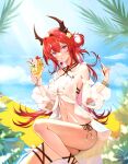  1girl absurdres arknights bangs beach bikini bracelet breasts cleavage cloud demon_girl demon_horns detached_sleeves food fruit grapes hair_ornament highres horns ice ice_cream jewelry looking_at_viewer medium_breasts official_alternate_costume plant purple_eyes red_hair sky solo spoon star_(symbol) star_hair_ornament strawberry surtr_(arknights) surtr_(colorful_wonderland)_(arknights) swimsuit user_zena5253 
