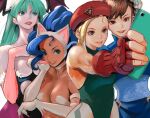  4girls animal_ears bangs beret black_leotard blonde_hair blue_eyes braid braided_ponytail breasts brown_hair bun_cover cammy_white cat_ears china_dress chinese_clothes chun-li claws double_bun dress felicia_(vampire) fingerless_gloves gloves green_eyes green_hair green_leotard hair_bun hat highres leotard lips long_hair medium_breasts meke_(77842928) morrigan_aensland multiple_girls pantyhose purple_pantyhose red_gloves red_headwear selfie smile street_fighter vampire_(game) 