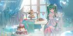  1girl absurdres aqua_eyes aqua_hair bare_shoulders blush box breasts cake candle chair cinnamon_roll closed_mouth commentary_request curtains doughnut dress facing_viewer food gift gift_box hair_ribbon hatsune_miku highres long_hair medium_breasts milktower ribbon sitting smile solo table twintails vocaloid white_dress white_ribbon window 