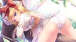  1girl ass blonde_hair blue_eyes blush capelet dress fairy fairy_wings from_behind hat highres lily_white long_hair long_sleeves looking_back lzh panties solo touhou tree underwear white_capelet white_dress white_headwear white_panties wings 