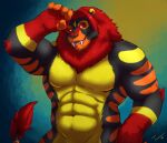  anthro black_body black_fur fangs felid fur hybrid inferno_sabercat liger lion male mammal mane markings muscular pantherine red_mane sabertooth_(anatomy) solo striped_markings stripes taoren 