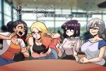  4girls aged_up black_hair black_tank_top blonde_hair blue_eyes blurry blurry_background breasts brown_eyes collarbone crossover cup disposable_cup dot_mouth english_text eyes_visible_through_hair fingernails gradient_hair grey_hair hair_bun hair_ornament hairclip highres ijiranaide_nagatoro-san index_fingers_raised indoors jewelry kitagawa_marin komi-san_wa_komyushou_desu komi_shouko large_breasts long_fingernails long_hair looking_at_another multicolored_hair multiple_girls nagatoro_hayase nail_polish open_mouth pink_hair pink_nails raglan_sleeves red_eyes ring sexually_suggestive short_hair short_sleeves smirk smug sono_bisque_doll_wa_koi_wo_suru starbucks table tank_top tina_fate uzaki-chan_wa_asobitai! uzaki_hana v-shaped_eyebrows wedding_ring 