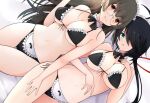  1girl alternate_costume bikini black_bikini breasts brown_eyes choukai_(kancolle) cleavage commentary_request commission cowboy_shot enmaided frilled_bikini frills front-tie_top glasses green_eyes hair_over_one_eye kako_(kancolle) kantai_collection large_breasts long_hair looking_at_viewer lying maid maid_bikini maid_headdress side-tie_bikini_bottom skeb_commission solo swimsuit thigh_gap ton_ton_tontoro 